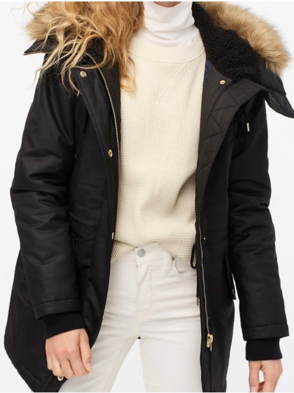 J. Crew Perfect Winter Parka Eco-Friendly PrimaLoft Coat Fur Hooded Jacket Black